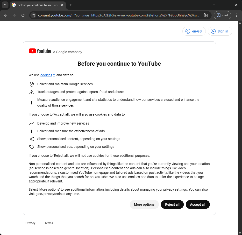 YouTube cookie prompt